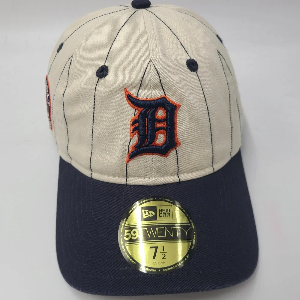 Detroit Tigers Hat Fitted 7 1/2 New Era 59Twenty Beige Blue MLB Pinstripes Men